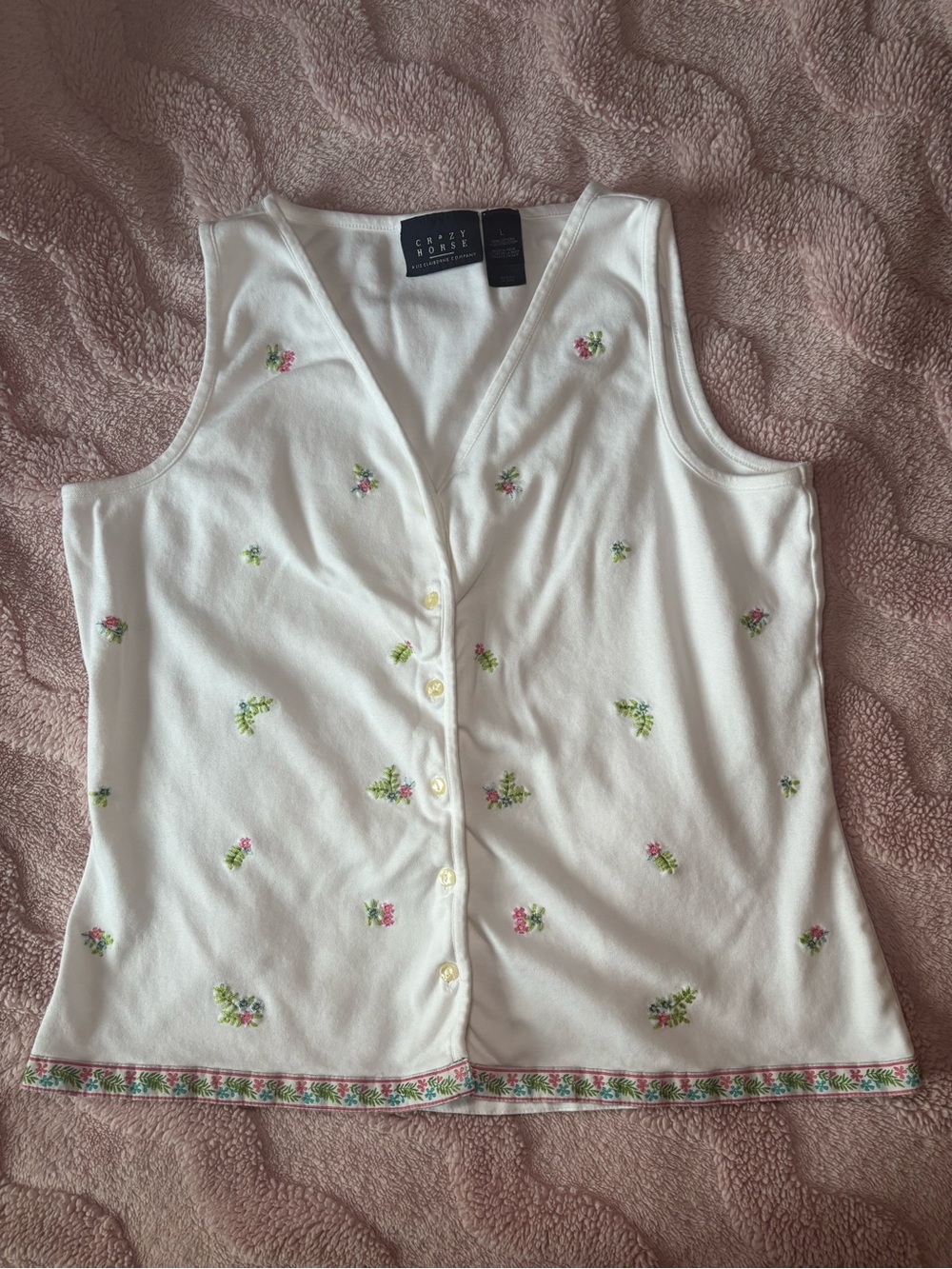 Vintage Liz Claiborne White Floral Embroidered Button-Front Tank